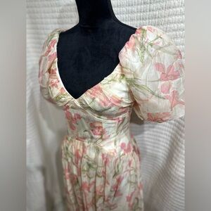 Astr The Label Sasilia Floral Puff Sleeve Deep V Neck Maxi Dress MSRP $174